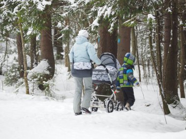 Ormanın içinde bir bebek arabası olan kadın. Kış