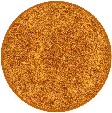 Kabarık yuvarlak halı üzerinde beyaz b izole kahverengi, sarı renklerde