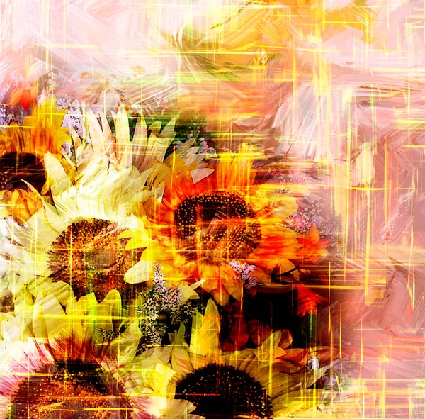 Floral background with stylized bouquet of shiny sunflowers — Stock Photo, Image