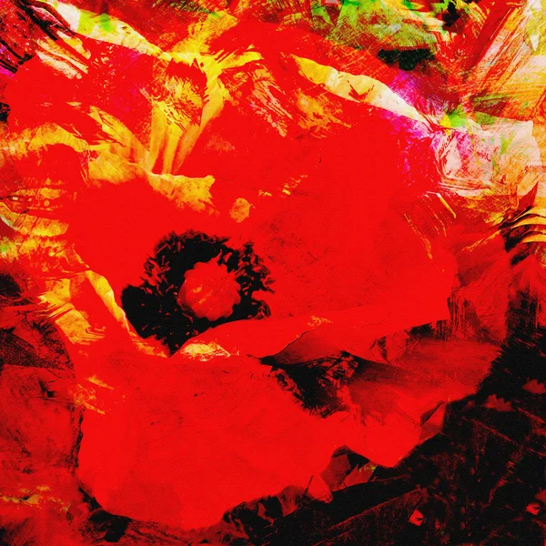 Fond floral avec coquelicot rouge stylisé sur fond rayé grunge — Photo