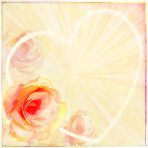 Открытка с розами и сердцем на светлом радиальном фоне — стоковое фото