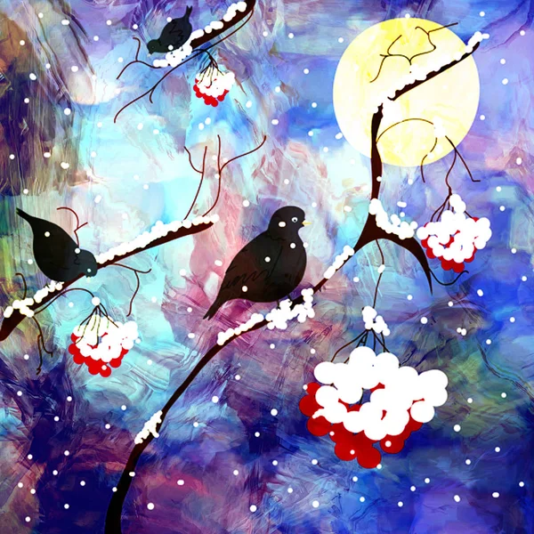 Paesaggio notturno con rami di frassino di montagna, ashberry, uccelli — Foto Stock