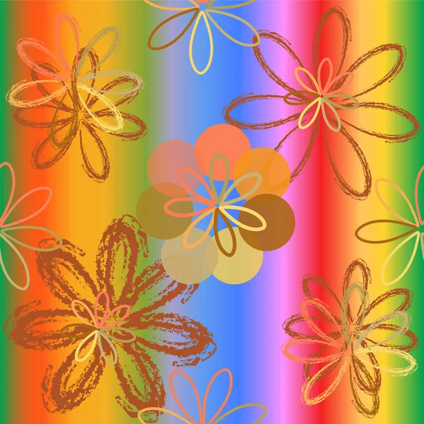 レインボー背景に抽象的な様式化された花のシームレス パターン — ストックベクタ