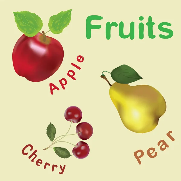 Motif sans couture avec pomme, poire, cerise et texte — Image vectorielle