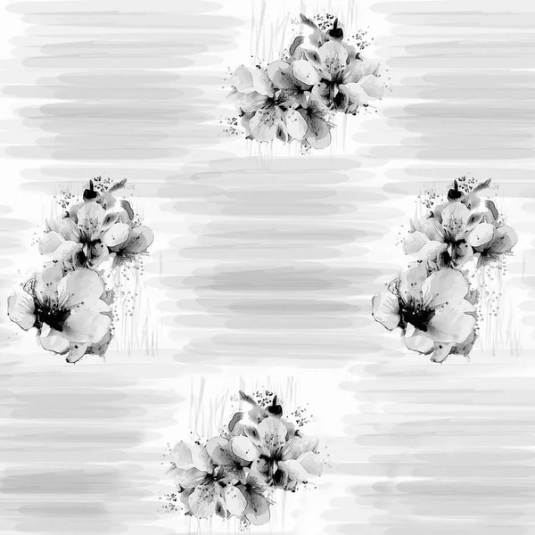 Svart och vit blommig bakgrund med stiliserade blommor av körsbär — Stockfoto
