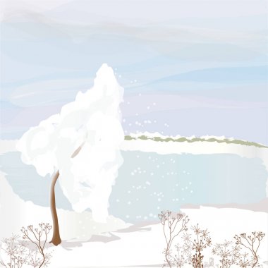 Donmuş göl, snowdrifts, bulutlu gökyüzü, ağaç ile kış manzarası