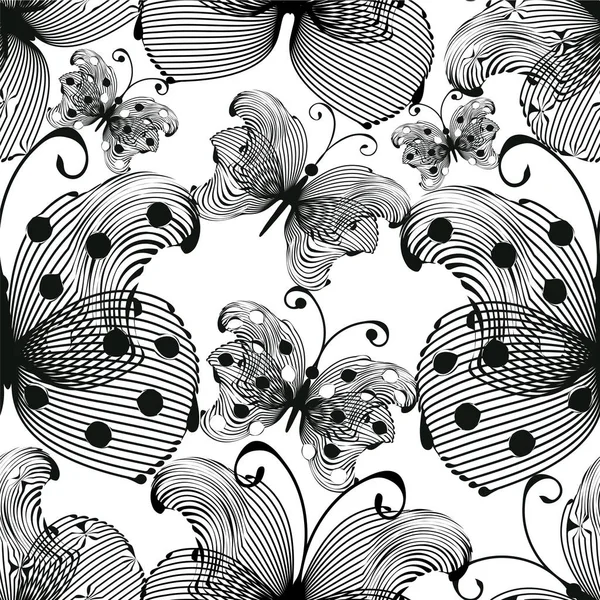 Modèle sans couture noir et blanc avec papillon graphique stylisé — Image vectorielle