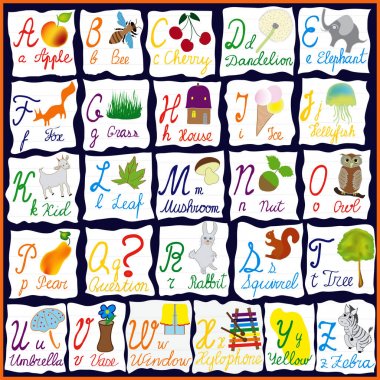 İngilizce gökkuşağı alfabesi harfleri, kelime ve resimler ile izole