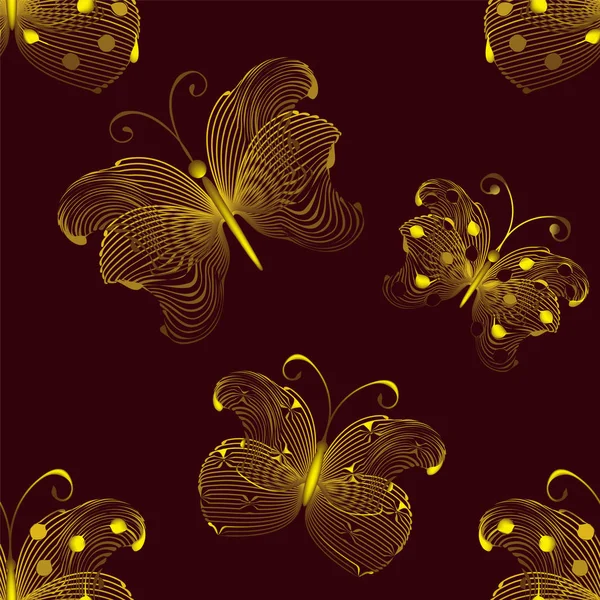 Sömlöst mönster med abstrakta gyllene fjärilar på lila — Stock vektor