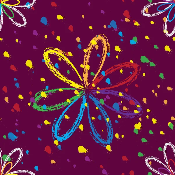 紫罗兰色背景下带有抽象彩虹花和彩色水花的无缝图案 用于网页设计 — 图库矢量图片