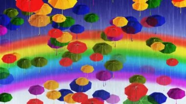 Rain drops fall into the water and onto multicolored umbrella