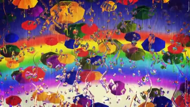 Капли Дождя Падают Воду Разноцветный Зонтик — стоковое видео