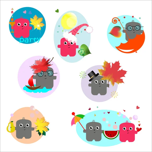 Funny autumn stickers, cartoons — Stock Vector