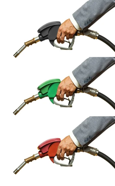 Refueling Hoses Isolated White Close Holding Red Green Yellow Color — Stock Photo, Image