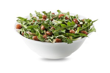 Sağlıklı karahindiba salatası ve beyaz 4 / 40 resim serisi üzerine izole edilmiş fasulyeler.