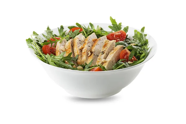 Frischer Grüner Salat Mit Hühnerbrust Und Tomate Isoliert Auf Weißem — Stockfoto