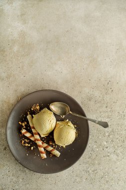 Ev yapımı organik vanilyalı yumuşak dondurma kaşık ve iki pipet.