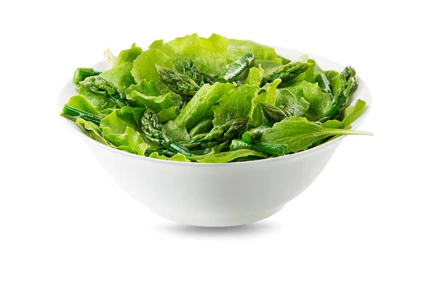 Salat Mit Grünem Salat Und Gekochtem Spargel Schüssel Isoliert Auf — Stockfoto