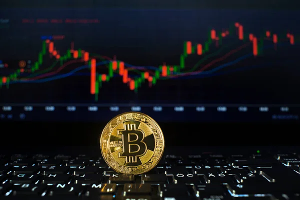 Criptomoeda Ouro Bitcoin Conceito Gráfico Negociação Computador — Fotografia de Stock