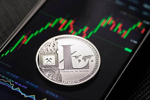Litecoin Argent Trading Crypto Monnaie Sur Smartphone Gros Plan — Photo