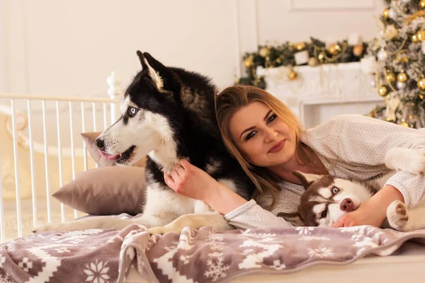 Dziewczyna z psem husky w łóżku obok choinki — Zdjęcie stockowe