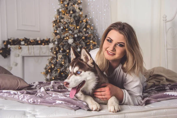 Dívka s husky psa v posteli u vánočního stromu — Stock fotografie