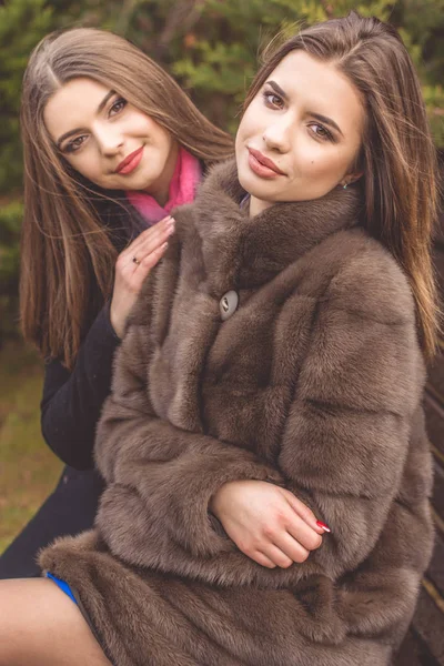 Dos amigos chica están usando abrigos cálidos de invierno —  Fotos de Stock