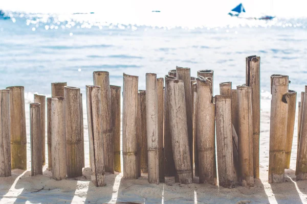 Bambu pinnar på stranden med havsutsikt — Stockfoto