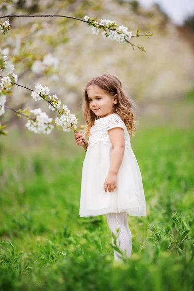 Niña bonita en flor jardín de primavera — Foto de Stock