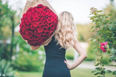 Arkadan Görünüm zarif güzel kadının siyah moda giyen elbise büyük 101 kırmızı gül buketi holding