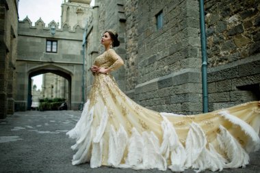 Moda şık kadın sihirli kalede eşarplı Prenses elbise giyiyor