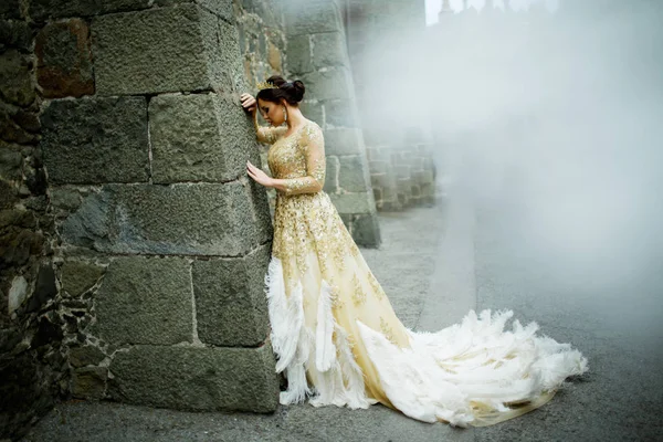 Moda mujer con estilo está usando vestido de princesa con plumas en el castillo mágico — Foto de Stock