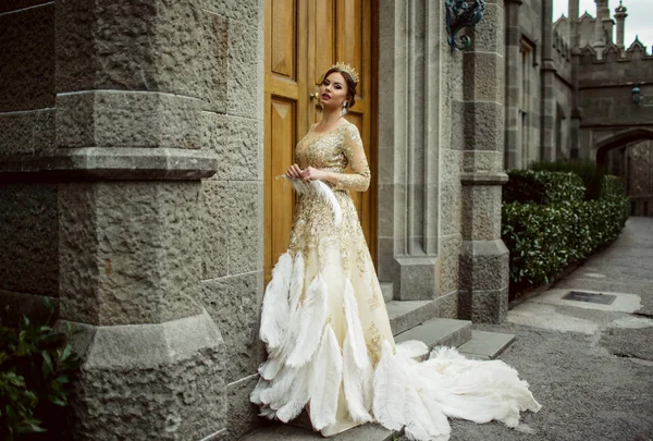 Hermosa mujer sexy está usando vestido de princesa con plumas en el castillo mágico cerca de la puerta de madera — Foto de Stock