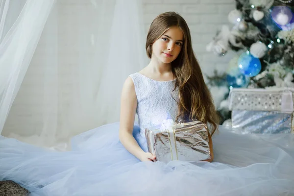 Cute girl is sitting near christmas tree with silver gift box — Stock Photo, Image