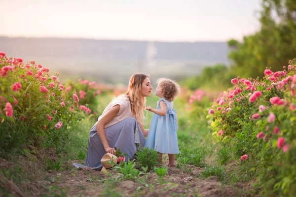 Beautiful couple child girl with mother are walking in spring garden with pink blossom roses flowers, sunset time — Stock Photo, Image