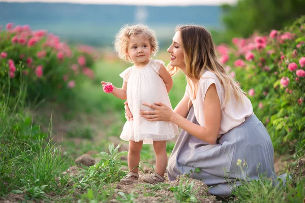 Young mother with her pretty curly daughter are walking in spring garden with pink blossom roses flowers, sunset time — Stock Photo, Image