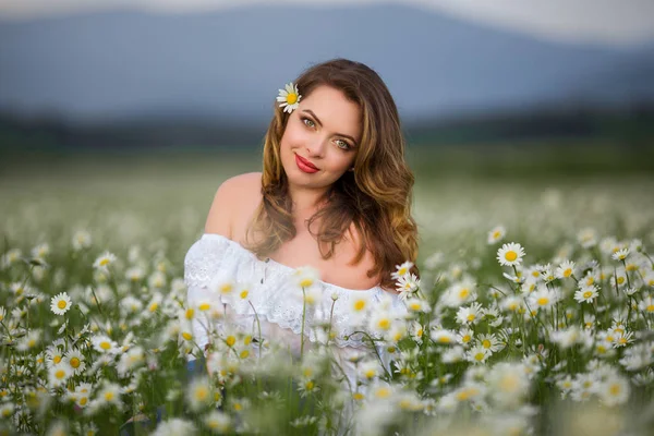 Belle femme sur le champ de camomille porte une robe blanche, printemps — Photo