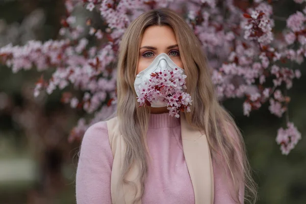 Pretty Woman Wearing Decorated Flowers Face Mask Spring Time — Stock Photo, Image