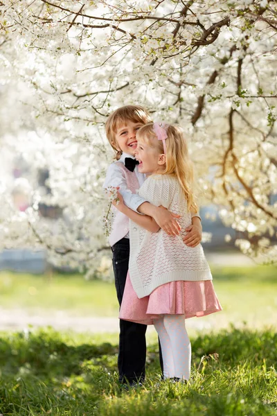 Hermanita Feliz Hermano Están Jugando Jardín Cerezos Flor Aire Libre —  Fotos de Stock
