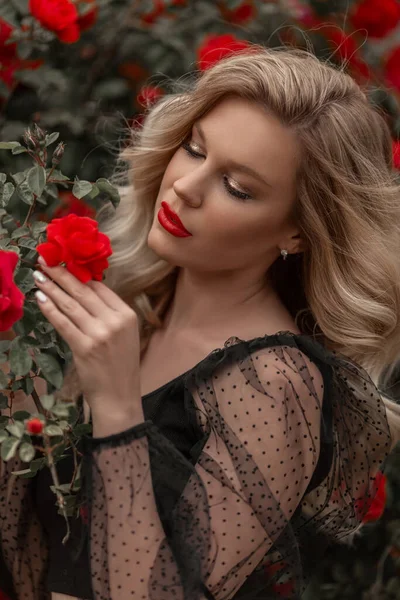 Mulher Loira Bonita Jardim Com Rosas Vermelhas Hora Primavera Imagens Royalty-Free