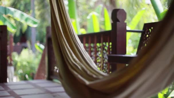 Hammock on the terrace of a villa in the jungle on blurred bokeh from plant. 1920x1080 — Stock Footage Hammock on the terrace of a villa in the jungle on blurred bokeh from plant. 1920x1080 Video Clip