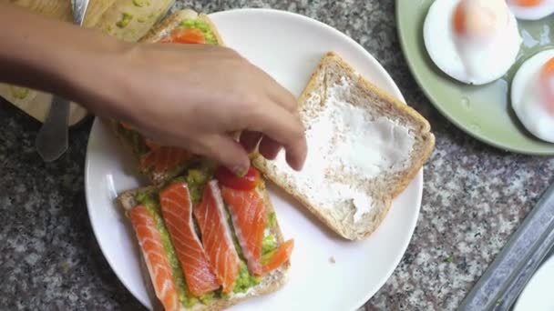 Cooking Toasts with avocado, tomato and smoked salmon on the white plate — Stock Footage Cooking Toasts with avocado, tomato and smoked salmon on the white plate Royalty Free Stock Video