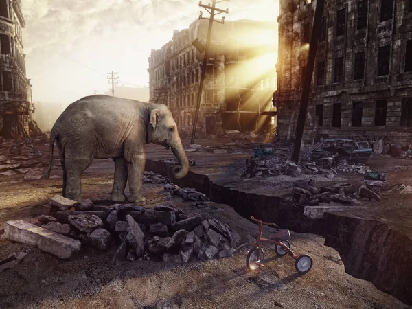 Um elefante e as ruínas de uma cidade — Fotografia de Stock