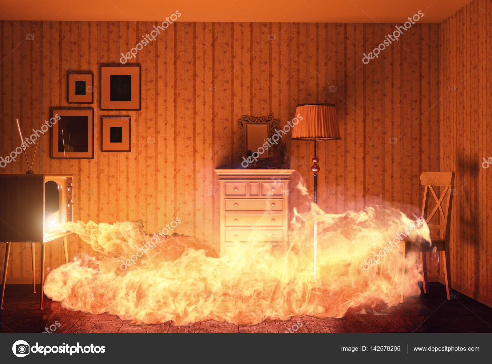 Vintage burning room from fire in tv Stock Photo by ©vicnt2815 142578205