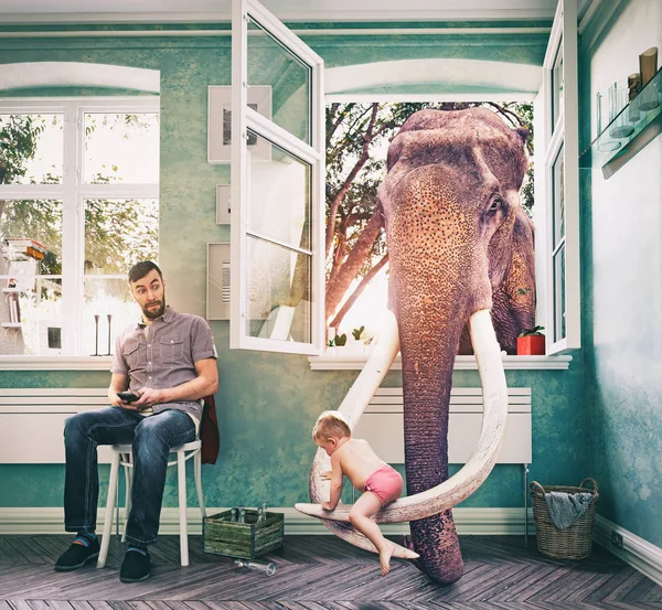 Elefant führt Kind durch Fenster — Stockfoto