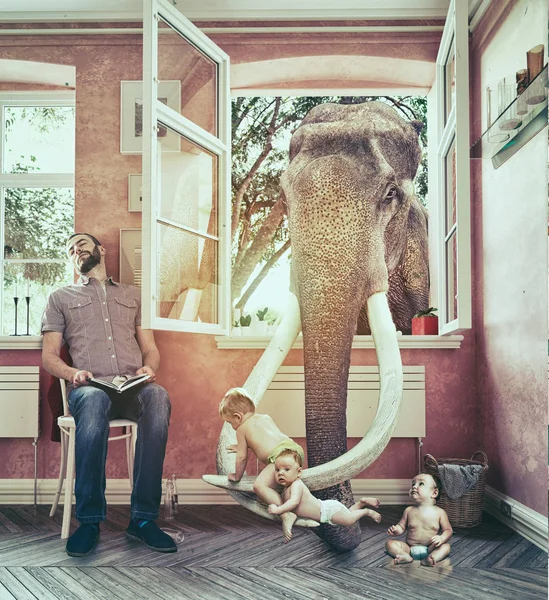 Elephant takes children through window — Stock Photo, Image