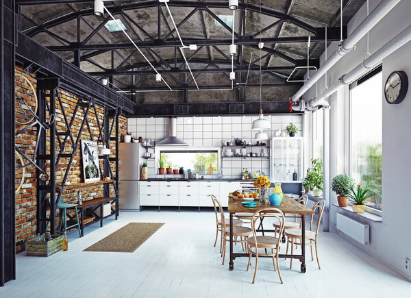 современный лофт кухня интерьер
