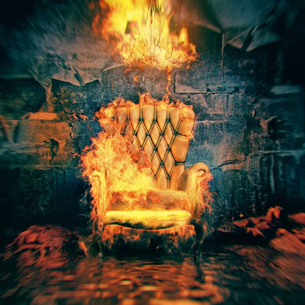 Brennender Sessel in zerstörtem Raum — Stockfoto