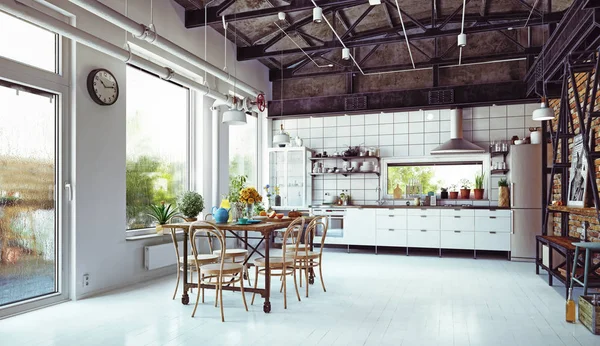 Interiér kuchyně moderní loft — Stock fotografie