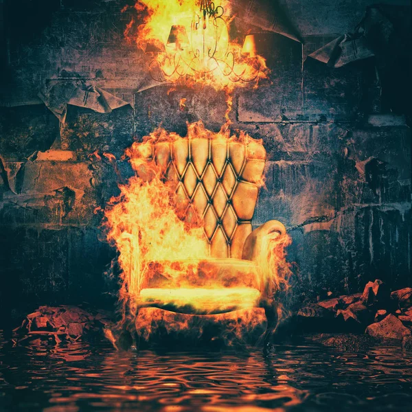 Burning armchair in destroyed room — Stock Photo, Image